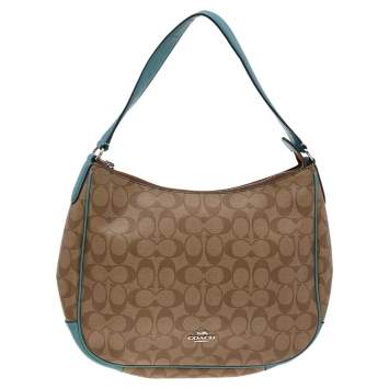 Pre Owned Coach Brown/Green Signature Coated Canvas and Leather Zip Hobo