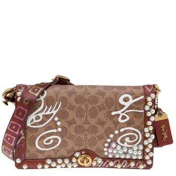 Pre Owned Coach Beige/Brown Leather And Signature Canvas Embellished Riley Matty Shoulder Bag