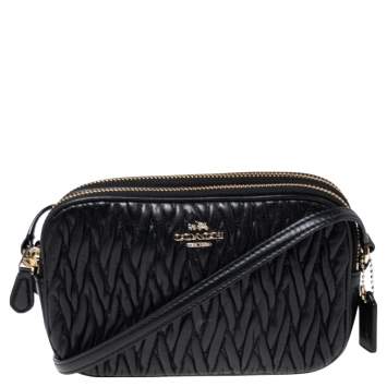 Pre Owned Coach Black Gathered Leather Double Zip Camera Crossbody Bag