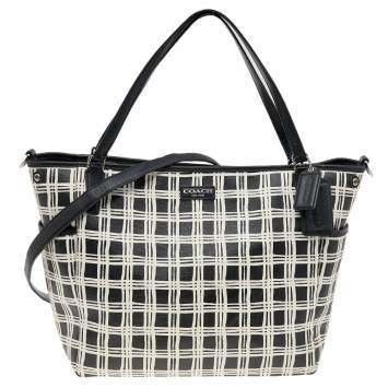 Pre Owned Coach Black/White Leather And Coated Canvas Grid Tote