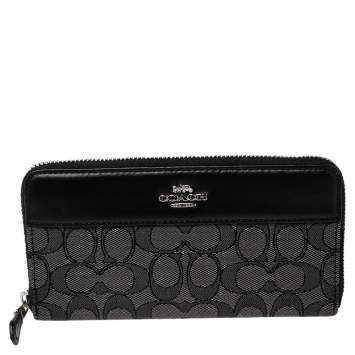 Pre Owned Coach Black Canvas and Leather Accordion Zip Around Wallet