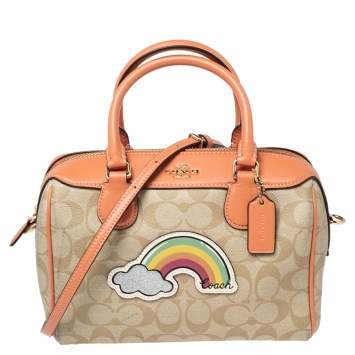 Pre Owned Coach Beige/Peach Signature Coated Canvas and Leather Mini Bennett Satchel