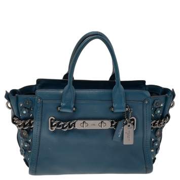 Pre Owned Coach Blue Patch Embellished Leather Swagger 27 Carryall Satchel