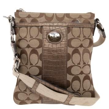 Pre Owned Coach Beige/Brown Signature Canvas and Croc Embossed Leather Swingpack Messenger Bag