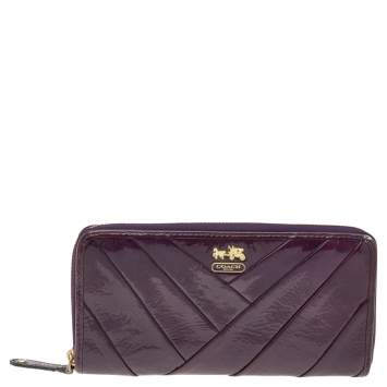 Pre Owned Coach Purple Diagonal Pleated Patent Leather Accordion Zip Around Wallet