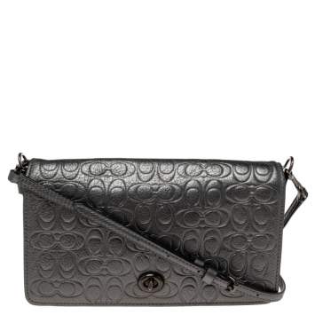 Pre Owned Coach Metallic Grey Leather Dinky Crossbody Bag