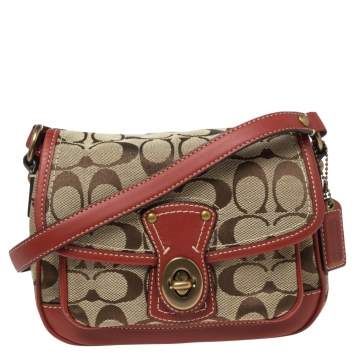 Pre Owned Coach Beige/Red Signature Canvas And Leather Cricket Turnlock Crossbody Bag 