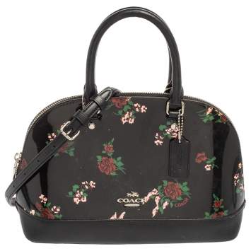 Pre Owned Coach Black Flower Patent and Leather Mini Sierra Satchel