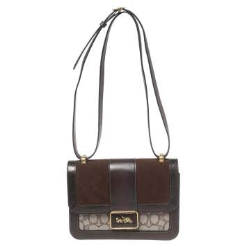 Pre Owned Coach Dark Brown Signature Canvas, Suede and Leather Alie Shoulder Bag