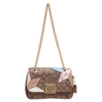 Pre Owned Coach Beige/Brown Signature Canvas And Leather Cassidy Embellished Shoulder Bag