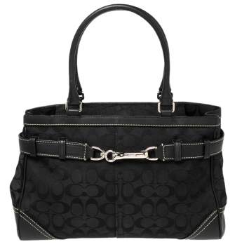 Pre Owned Coach Black Signature Canvas and Leather Hampton Tote
