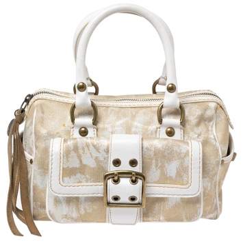 Pre Owned Coach Beige/White Signature Canvas and Leather Buckle Satchel