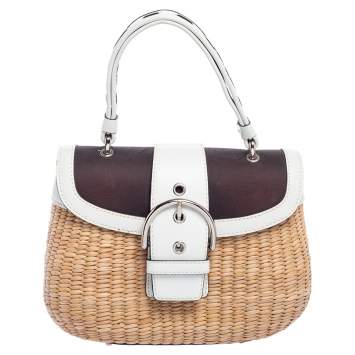 Pre Owned Coach White/Beige Raffia and Leather Buckle Flap Top Handle Bag