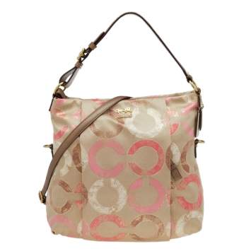 Pre Owned Coach Multicolor Signature Op Art Satin and Leather Hobo