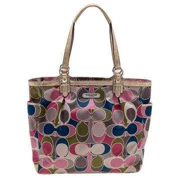 Pre Owned Coach Multicolor Signature Satin and Leather Tote