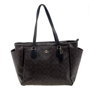 Pre Owned Coach Dark Brown/Black Signature Coated Canvas And Leather Mollie Tote