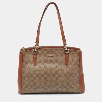 Pre Owned Coach Brown/Beige Signature Coated Canvas and Leather Christie Carryall Satchel