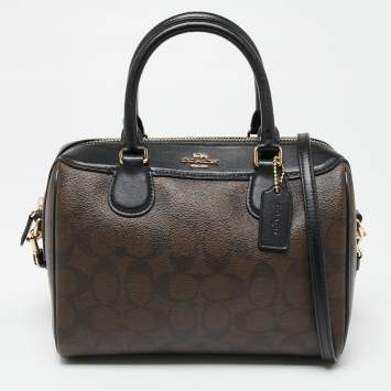 Pre Owned Coach Black/Brown Signature Coated Canvas And Leather Boston Bag