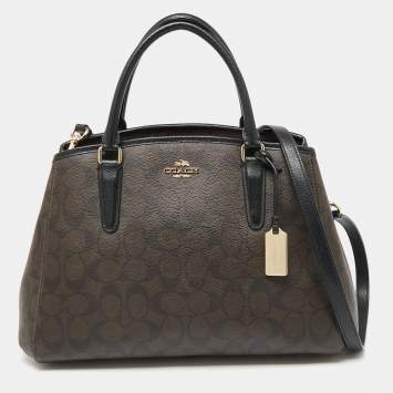 Pre Owned Coach Dark Brown/Black Signature Coated Canvas and Leather Margot Carryall Satchel