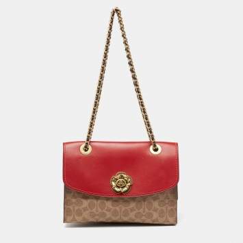 Pre Owned Coach Red/Beige Signature Coated Canvas and Leather Parker Shoulder Bag