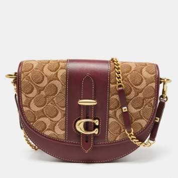Pre Owned Coach Burgundy/Beige Leather And Signature Canvas Shoulder Bag