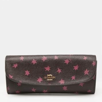 Pre Owned Coach Burgundy Stars Coated Canvas Continental Wristlet Wallet