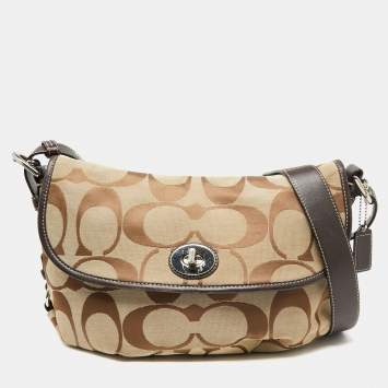 Pre Owned Coach Beige/Dark Brown Signature Canvas and Leather Turnlock Flap Crossbody Bag