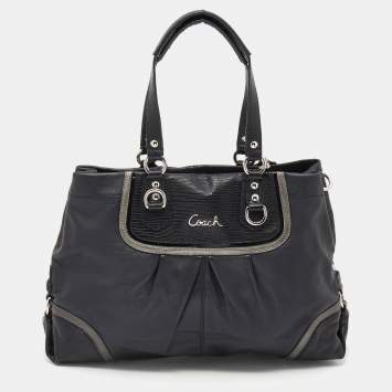 Pre Owned Coach Black Leather and Lizard Embossed Leather Ashley Tote