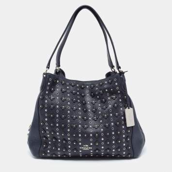 Pre Owned Coach Blue Pebbled Floral Rivets Leather Edie 31 Shoulder Bag