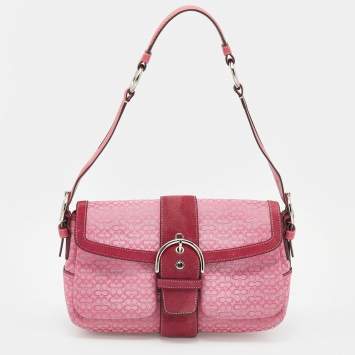 Pre Owned Coach Pink Leather And Signature Canvas Buckle Detail Baguette