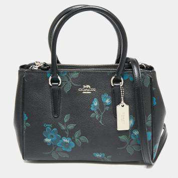 Pre Owned Coach Black Floral Print Coated Canvas and Leather Mini Surrey Carryall Tote