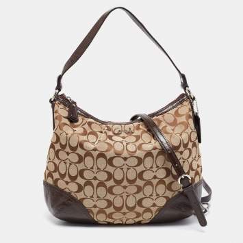 Pre Owned Coach Beige/Brown Signature Canvas and Patent Leather Hobo