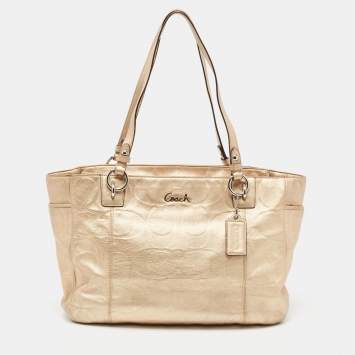 Pre Owned Coach Gold Signature Embossed Leather East West Gallery Tote