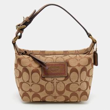 Pre Owned Coach Beige/Bronze Signature Canvas and Leather Baguette Bag
