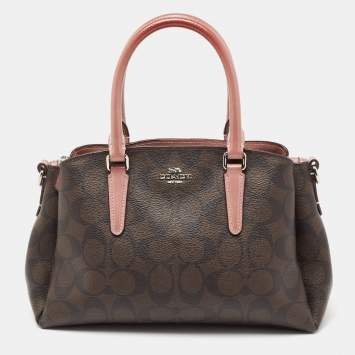 Pre Owned Coach Dark Brown/Pink Signature Coated Canvas and Patent Leather Mini Sage Carryall Satchel