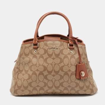 Pre Owned Coach Beige/Brown Signature Coated Canvas and Leather Margot Carryall Satchel