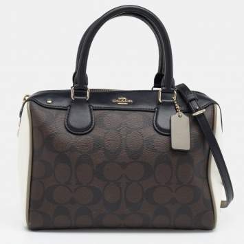 Pre Owned Coach Brown/Black Signature Canvas White Leather Mini Bennett Satchel