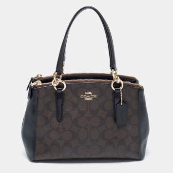 Pre Owned Coach Black/Brown Signature Coated Canvas and Leather Mini Christie Carryall Satchel