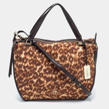 Pre Owned Coach Dark Brown/Beige Leopard Print Canvas and Leather Shoulder Bag