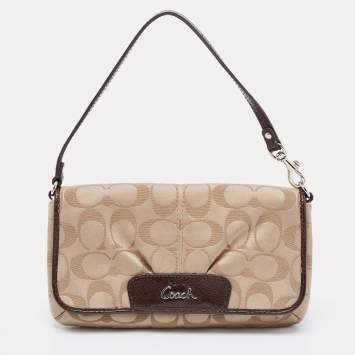 Pre Owned Coach Beige/Dark Brown Signature Canvas And Patent Leather Flap Baguette