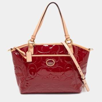 Pre Owned Coach Red/Beige Signature Embossed Patent Leather Peyton Tote