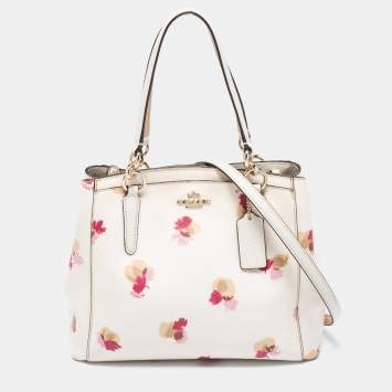 Pre Owned Coach Cream Flower Print Coated Canvas Minetta Satchel