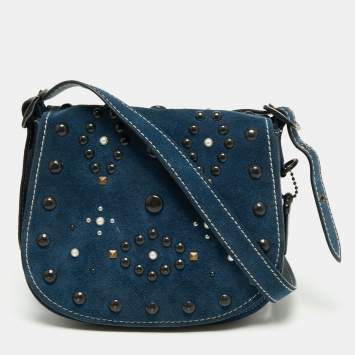 Pre Owned Coach Blue Leather Studded Saddle Crossbody Bag