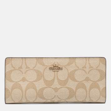 Pre Owned Coach Beige Signature Coated Canvas Long Slim Bifold Wallet