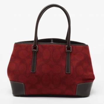 Pre Owned Coach Red/Brown Signature Wool And Leather Vintage Tote