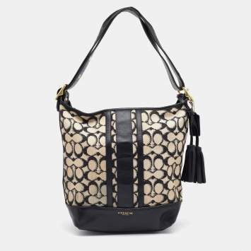 Pre Owned Coach Beige/Black Signature Canvas and Leather Hobo