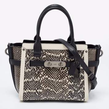 Pre Owned Coach Black/Beige Snakeskin Embossed And Leather Swagger 20 Tote