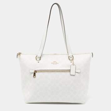 Pre Owned Coach White Signature Coated Canvas and Leather Gallery Tote