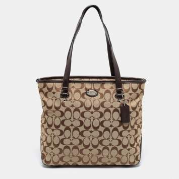 Pre Owned Coach Brown Signature Canvas and Leather City Top Zip Tote