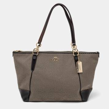 Pre Owned Coach Black/Beige Jacquard and Leather Ava Legacy Tote